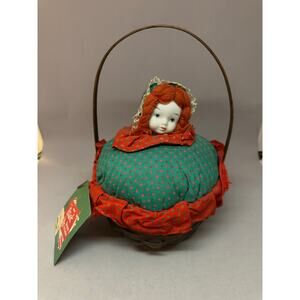 Paul Marshall Products Stick Me Christmas Pin Cushion Porcelain Doll Basket NWT